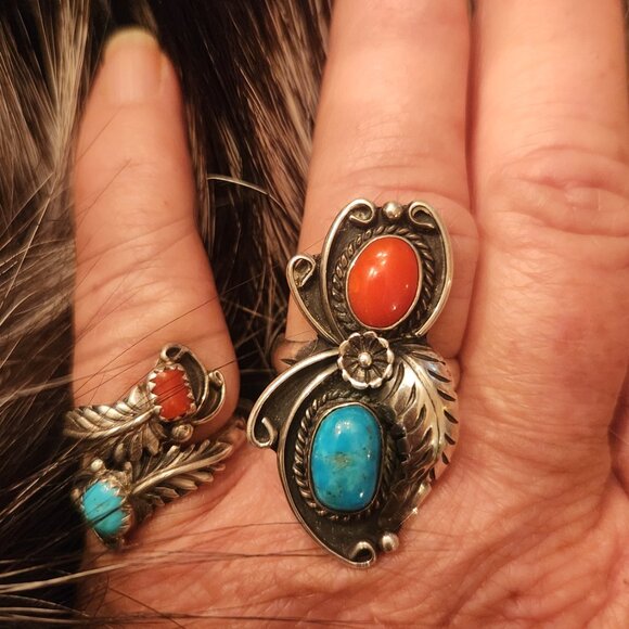 Vintage Turquoise and Coral feather butterfly ring - Picture 3 of 5